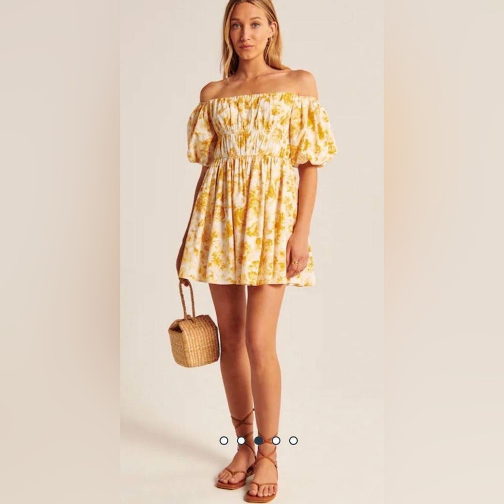 Abercrombie & Fitch yellow floral puff sleeve off the shoulder mini dress